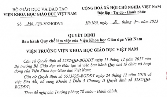 Quyết định số 240 Ban hành Quy chế làm việc của Viện Khoa học giáo dục Việt Nam 